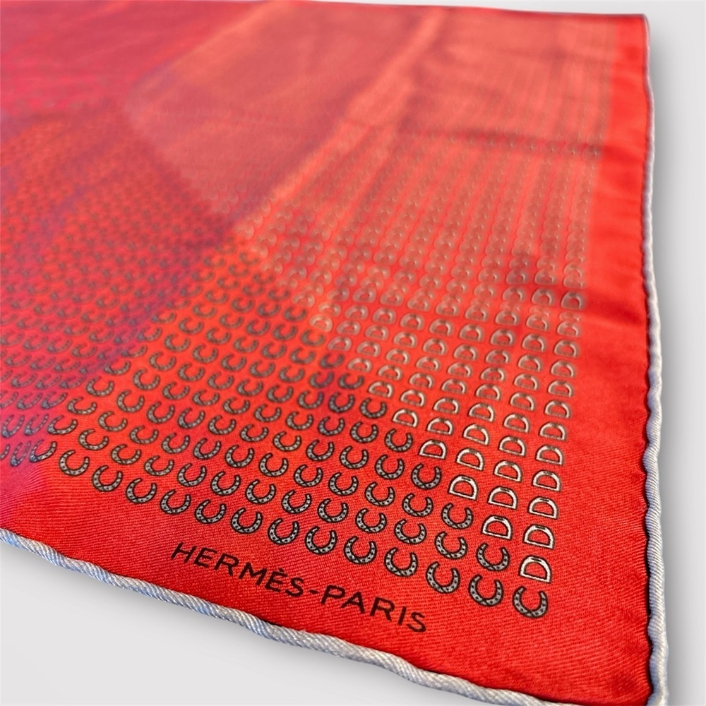 HERMÈS Paris Red Silk Scarf Gavroche 16” Horseshoe Equestrian Print Rolled Edges - Picture 7 of 16